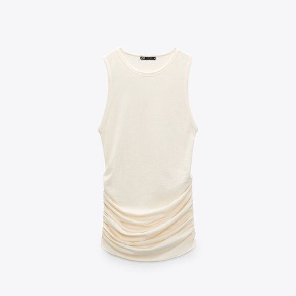 ZARA Ecru Draped Top Small Cotton - Picture 3 of 3